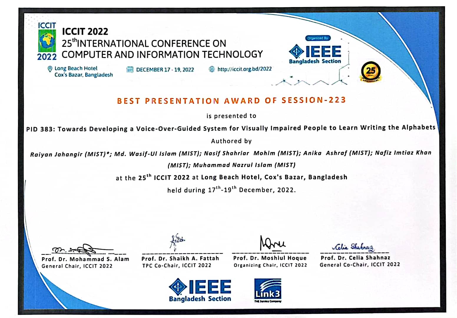 Undergraduate Thesis Earns Best Paper Award at ICCIT for System Assisting Visually Impaired Individuals in Learning to Write Alphabets